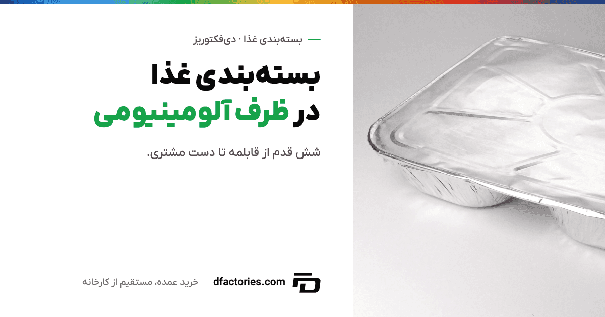ظرف آلومینیومی دوخانه با درب فویلی که لبه‌اش دور تا دور تا خورده است — بسته‌بندی غذا در ظرف آلومینیومی