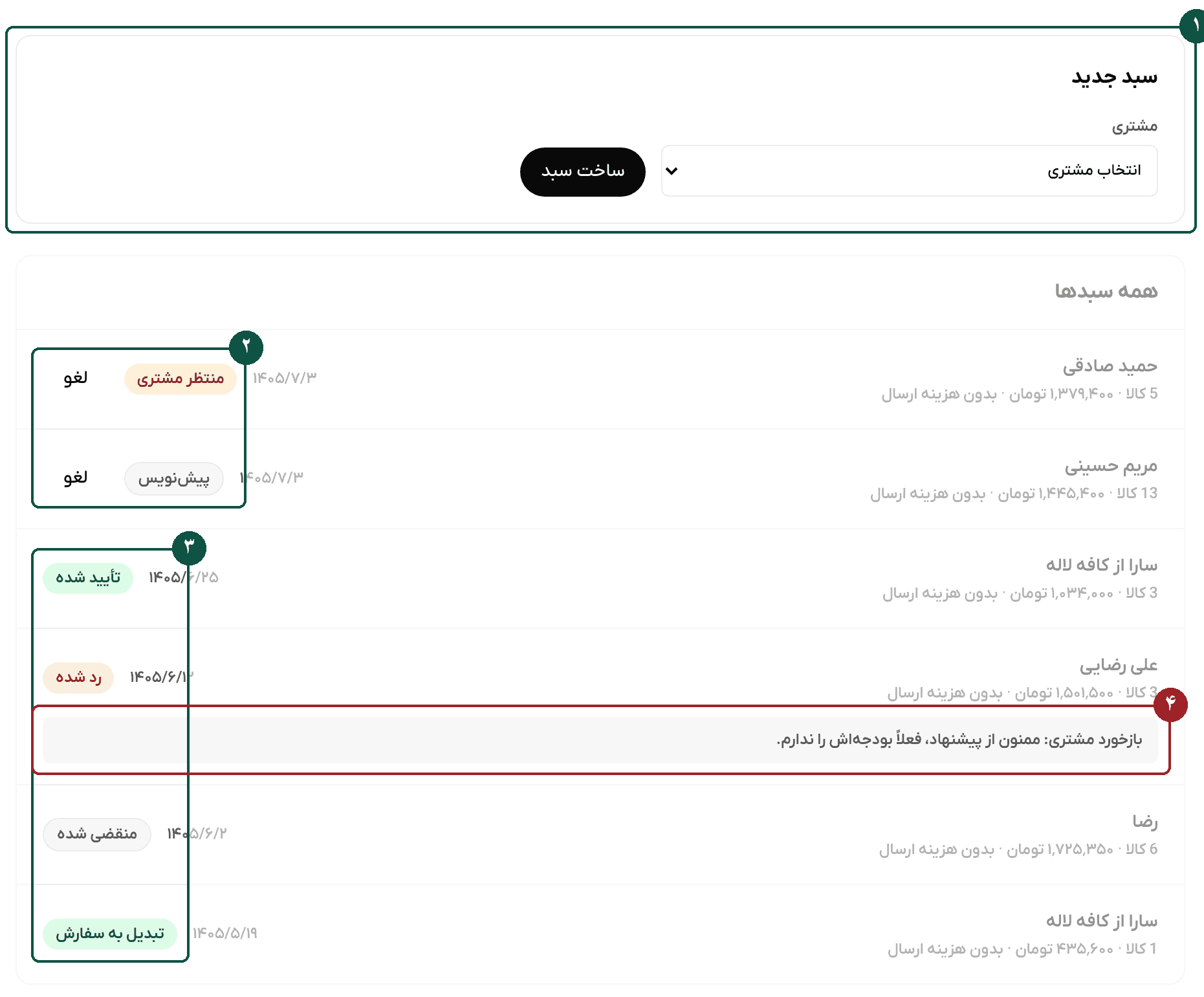 فهرست سبدهای مشتریان با وضعیتهای منتظر مشتری، پیشنویس، تأیید شده، رد شده و تبدیل به سفارش